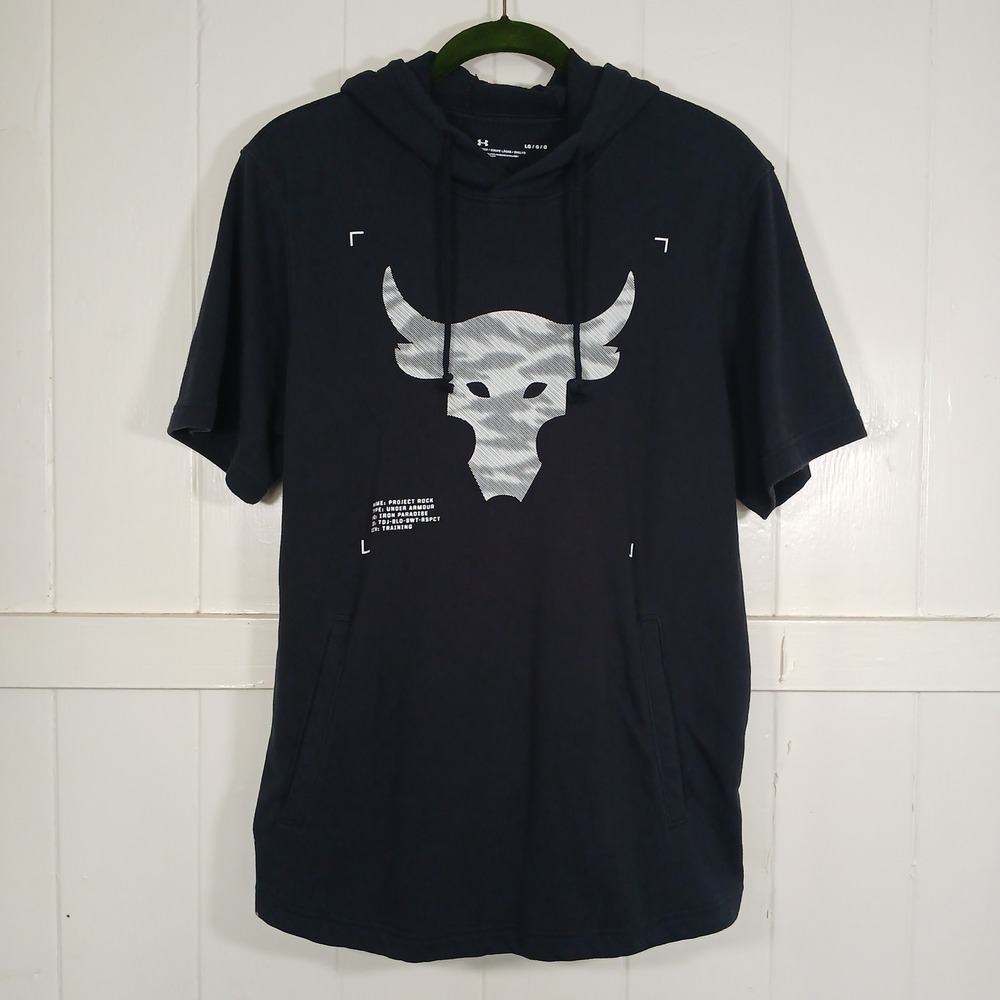 Under Armour Project Rock Hoodie Mens Large Black Short Sleeve 1370465